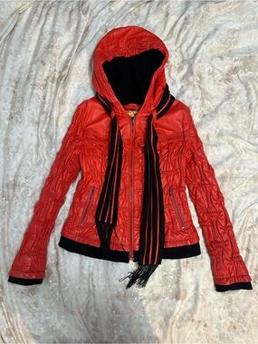 Women's Genuine Lamb Leather Red Hooded Quilted Jacket with Knit Trim